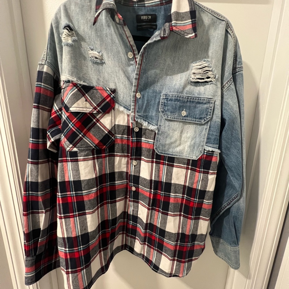 Men's Distressed Denim and Plaid Shirt